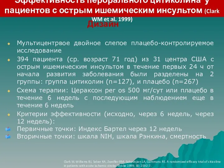 Эффективность перорального цитиколина у пациентов с острым ишемическим инсультом (Clark WM