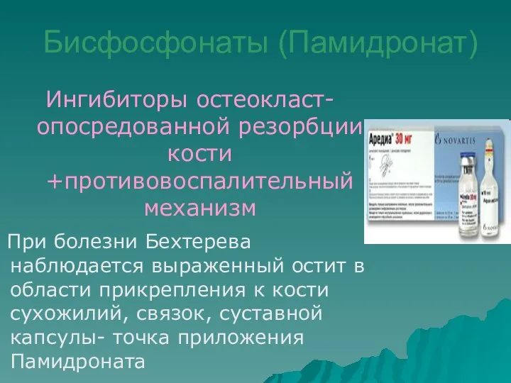 Бисфосфонаты (Памидронат) Ингибиторы остеокласт-опосредованной резорбции кости +противовоспалительный механизм При болезни Бехтерева