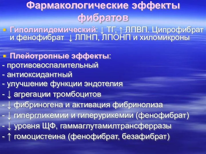 Фармакологические эффекты фибратов Гиполипидемический: ↓ ТГ, ↑ ЛПВП. Ципрофибрат и фенофибрат