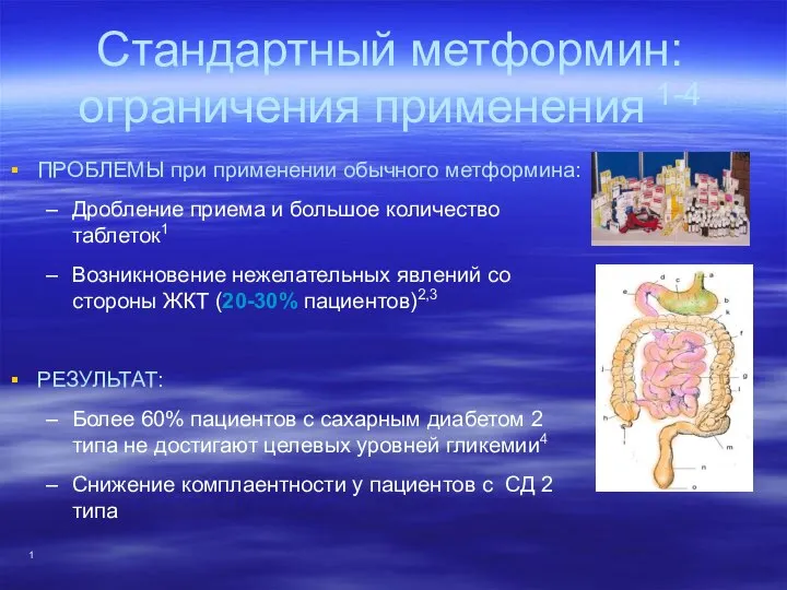 1 Стандартный метформин: ограничения применения 1-4 ПРОБЛЕМЫ при применении обычного метформина: