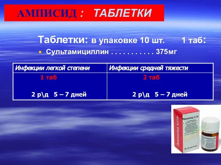 Таблетки: в упаковке 10 шт. 1 таб: Сультамициллин . . .