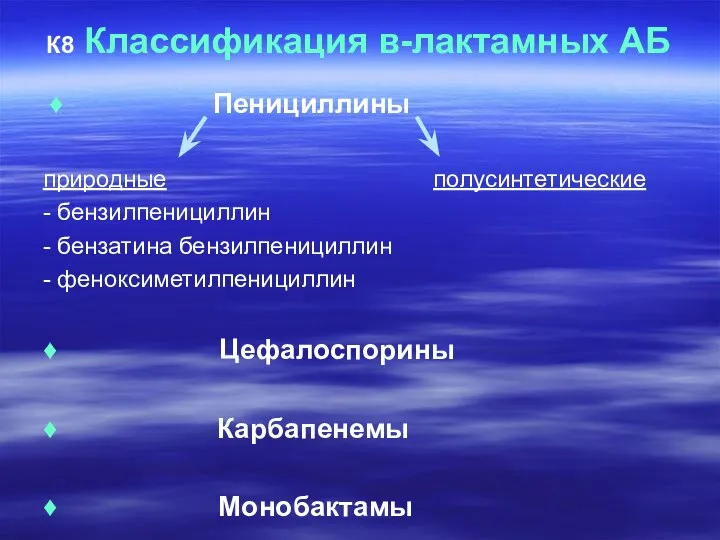 К8 Классификация в-лактамных АБ ♦ Пенициллины природные полусинтетические - бензилпенициллин -