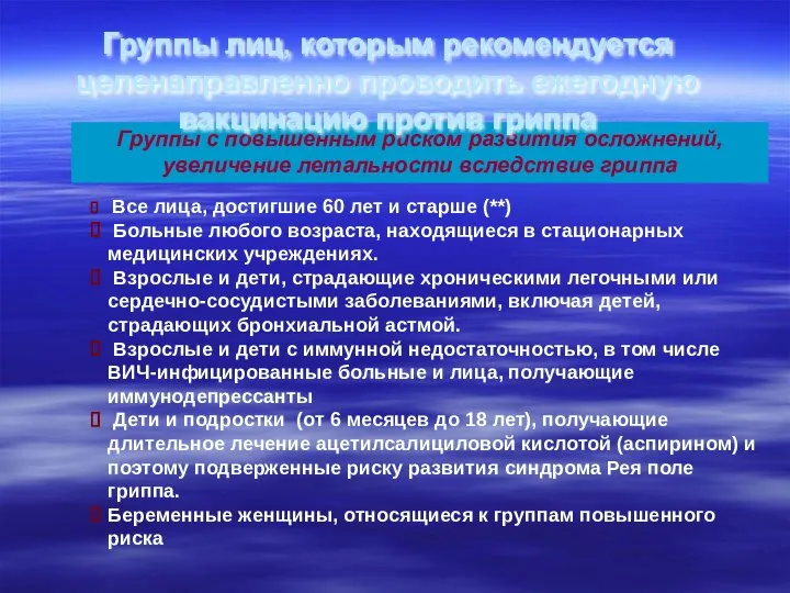 Группы с повышенным риском развития осложнений, увеличение летальности вследствие гриппа Все