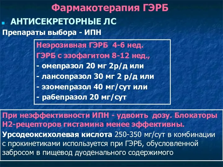 Фармакотерапия ГЭРБ АНТИСЕКРЕТОРНЫЕ ЛС Препараты выбора - ИПН