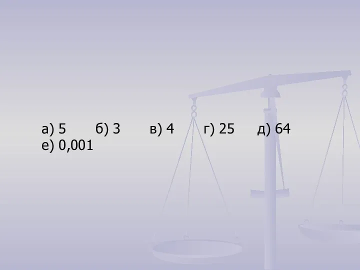 а) 5 б) 3 в) 4 г) 25 д) 64 е) 0,001