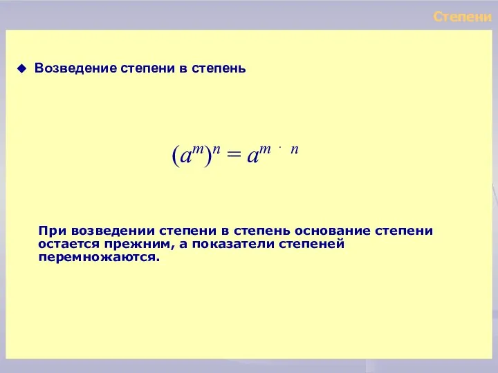 (am)n = am ⋅ n Степени Возведение степени в степень При