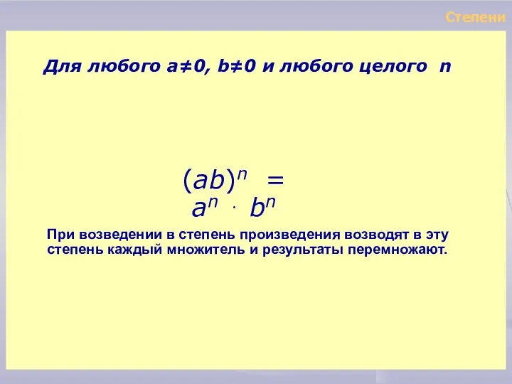 Степени При возведении в степень произведения возводят в эту степень каждый