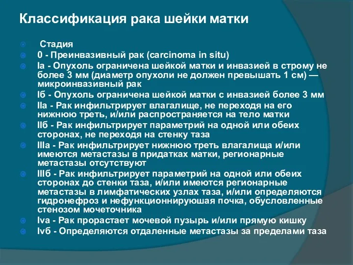 Классификация рака шейки матки Стадия 0 - Преинвазивный рак (carcinoma in