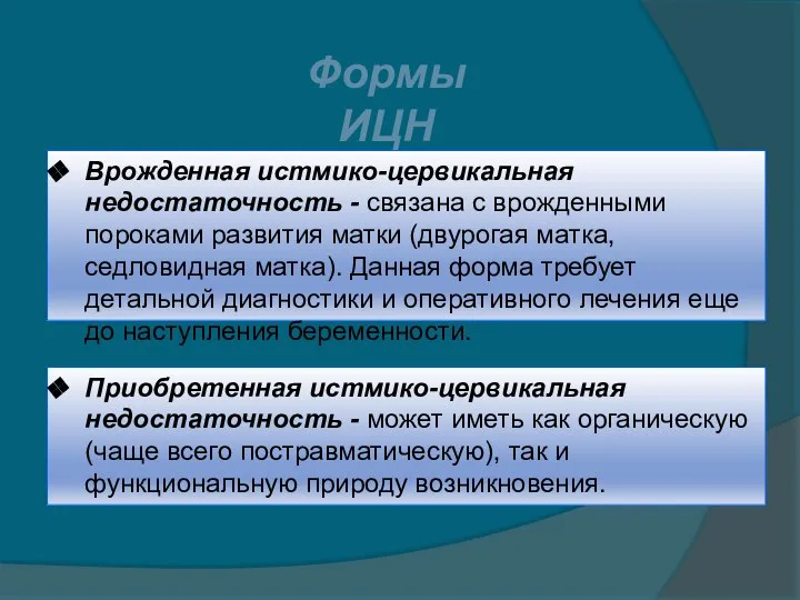 Формы ИЦН Врожденная истмико-цервикальная недостаточность - связана с врожденными пороками развития