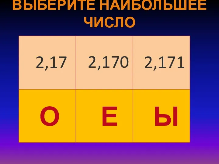 ВЫБЕРИТЕ НАИБОЛЬШЕЕ ЧИСЛО 2,17 2,170 2,171 О Е Ы