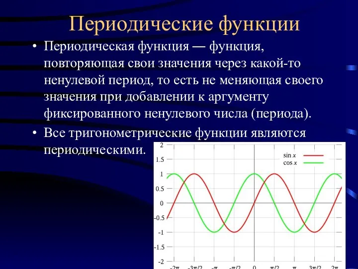 Периодические функции Периодическая функция ― функция, повторяющая свои значения через какой-то