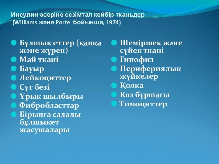 Инсулин әсеріне сезімтал кейбір тканьдер (Williams және Porte бойынша, 1974) Бұлшық