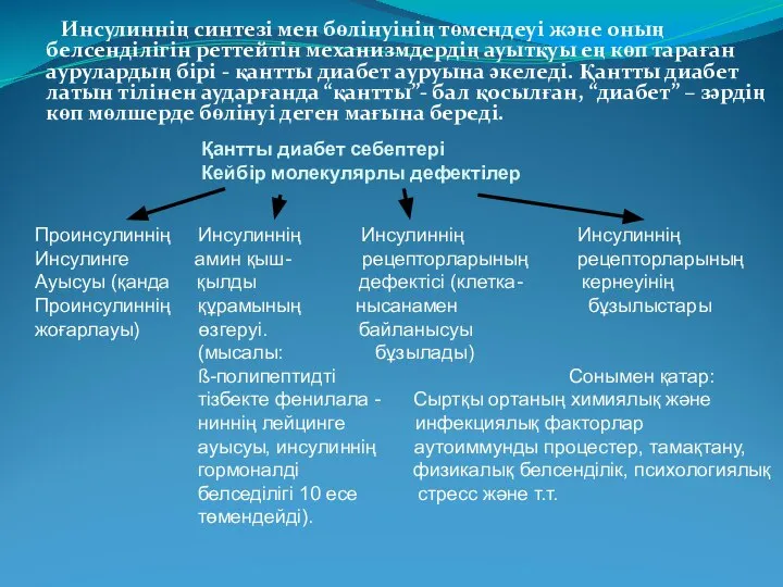 Инсулиннің синтезі мен бөлінуінің төмендеуі және оның белсенділігін реттейтін механизмдердің ауытқуы