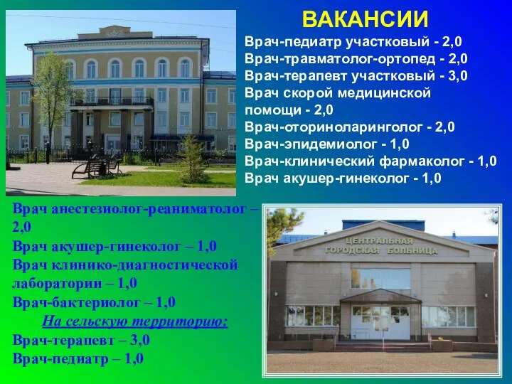 ВАКАНСИИ Врач-педиатр участковый - 2,0 Врач-травматолог-ортопед - 2,0 Врач-терапевт участковый -