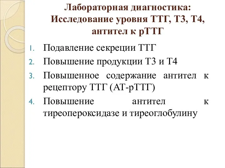 Лабораторная диагностика: Исследование уровня ТТГ, Т3, Т4, антител к рТТГ Подавление