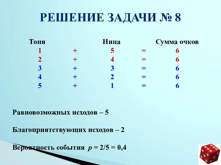 РЕШЕНИЕ ЗАДАЧИ № 8 Тоня Нина Сумма очков 1 + 5