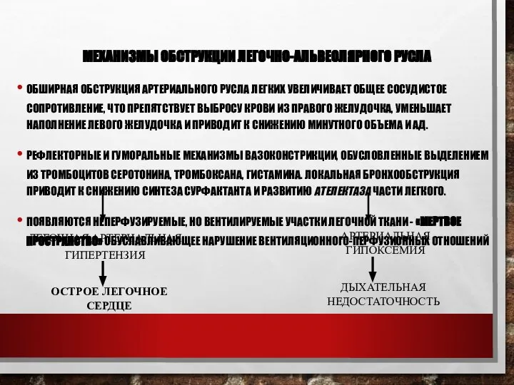 МЕХАНИЗМЫ ОБСТРУКЦИИ ЛЕГОЧНО-АЛЬВЕОЛЯРНОГО РУСЛА ОБШИРНАЯ ОБСТРУКЦИЯ АРТЕРИАЛЬНОГО РУСЛА ЛЕГКИХ УВЕЛИЧИВАЕТ ОБЩЕЕ