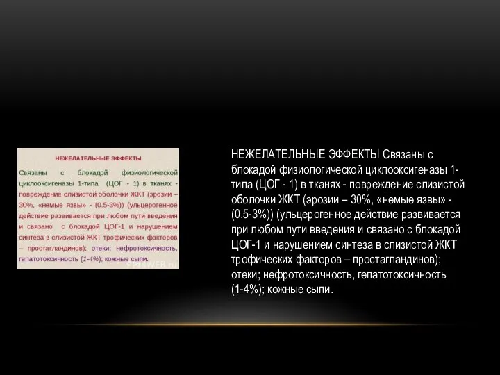 НЕЖЕЛАТЕЛЬНЫЕ ЭФФЕКТЫ Связаны с блокадой физиологической циклооксигеназы 1-типа (ЦОГ - 1)