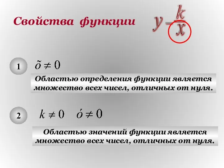 Свойства функции 1 Областью определения функции является множество всех чисел, отличных