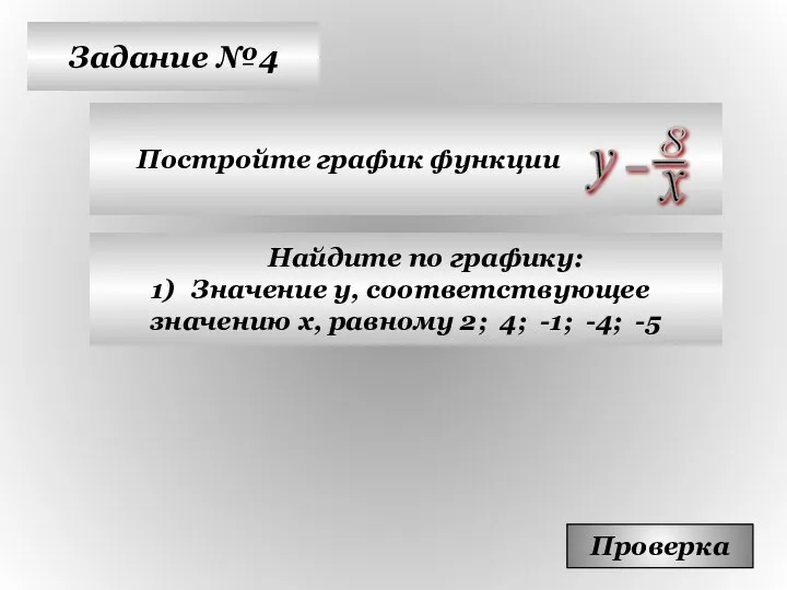 Задание №4 Постройте график функции Проверка Найдите по графику: Значение у,