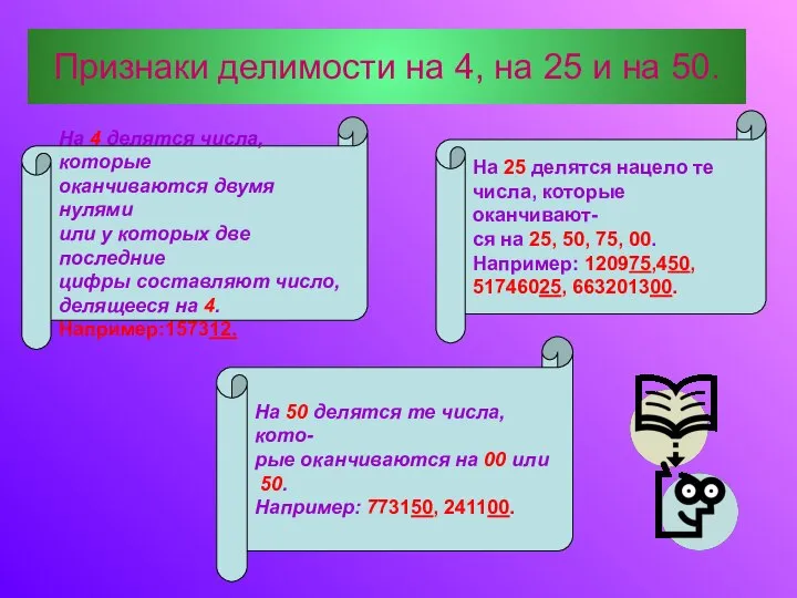 Признаки делимости на 4, на 25 и на 50. На 4