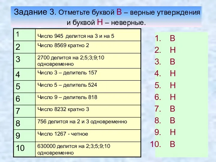 Задание 3. Отметьте буквой В – верные утверждения и буквой Н