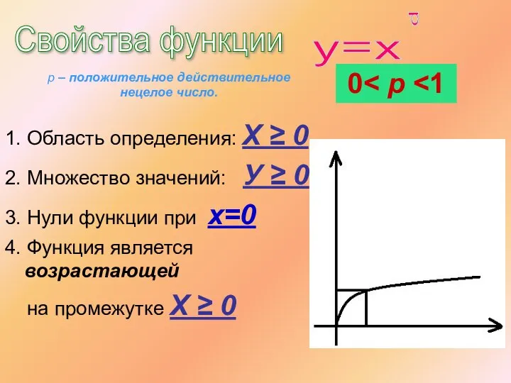 1. Область определения: Х ≥ 0 2. Множество значений: У ≥