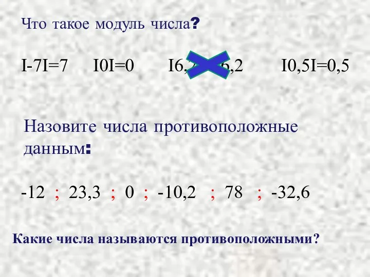 Что такое модуль числа? I-7I=7 I0I=0 I6,2I=-6,2 I0,5I=0,5 Назовите числа противоположные