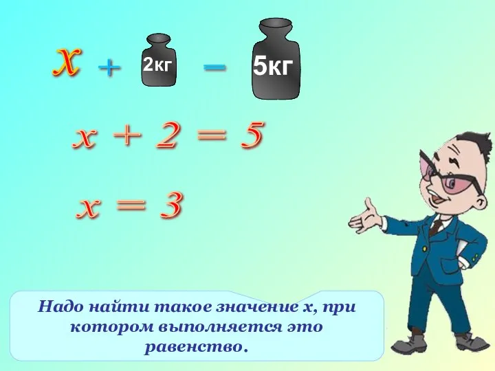 х + 2 = 5 Надо найти такое значение х, при