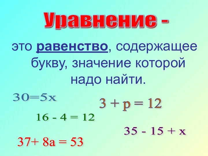 это равенство, содержащее букву, значение которой надо найти. Уравнение - 30=5х