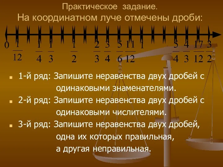 Практическое задание. На координатном луче отмечены дроби: 1-й ряд: Запишите неравенства