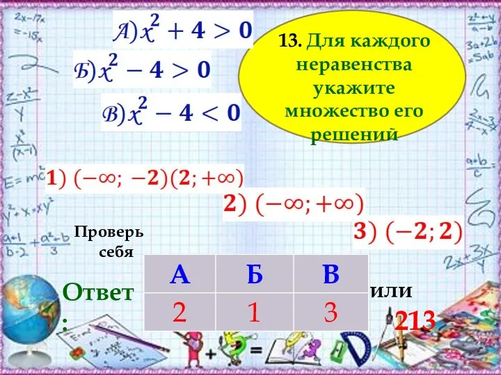 13. Для каждого неравенства укажите множество его решений Ответ: или 213 Проверь себя