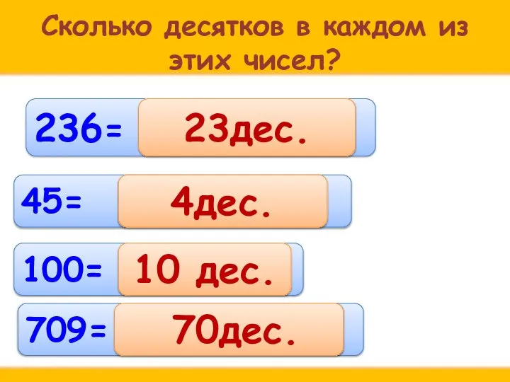 Сколько десятков в каждом из этих чисел? 236= 45= 100= 23дес. 4дес. 10 дес. 709= 70дес.