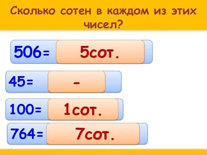 Сколько сотен в каждом из этих чисел? 506= 45= 100= 5сот. - 1сот. 764= 7сот.