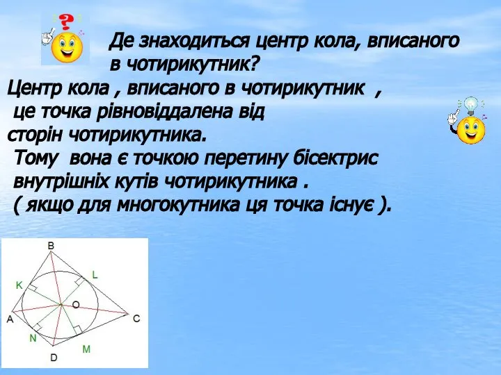 Де знаходиться центр кола, вписаного в чотирикутник? Центр кола , вписаного