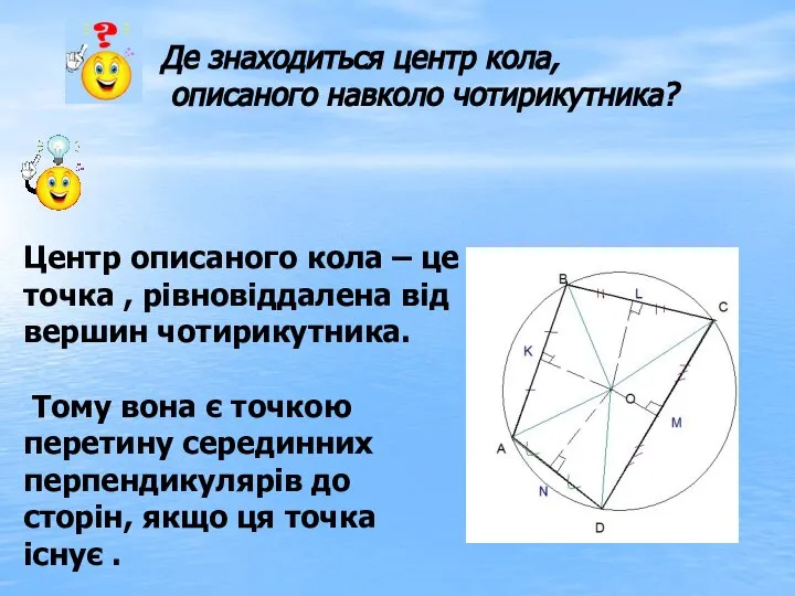 Де знаходиться центр кола, описаного навколо чотирикутника? Центр описаного кола –
