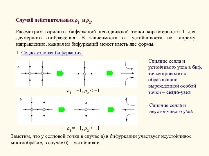 Случай действительных ρ1 и ρ2. Рассмотрим варианты бифуркаций неподвижной точки коразмерности