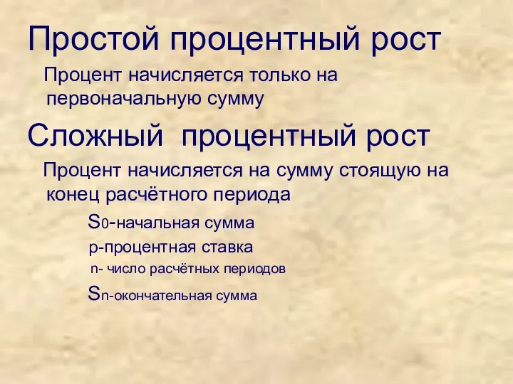 Простой процентный рост Процент начисляется только на первоначальную сумму Сложный процентный