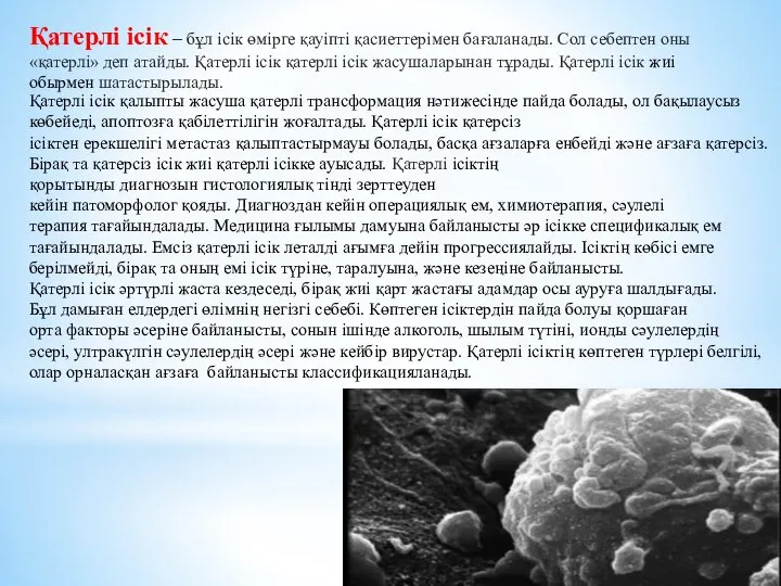 Қатерлі ісік қалыпты жасуша қатерлі трансформация нәтижесінде пайда болады, ол бақылаусыз