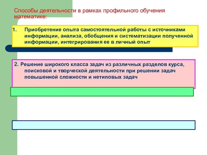 Способы деятельности в рамках профильного обучения математике: Приобретение опыта самостоятельной работы