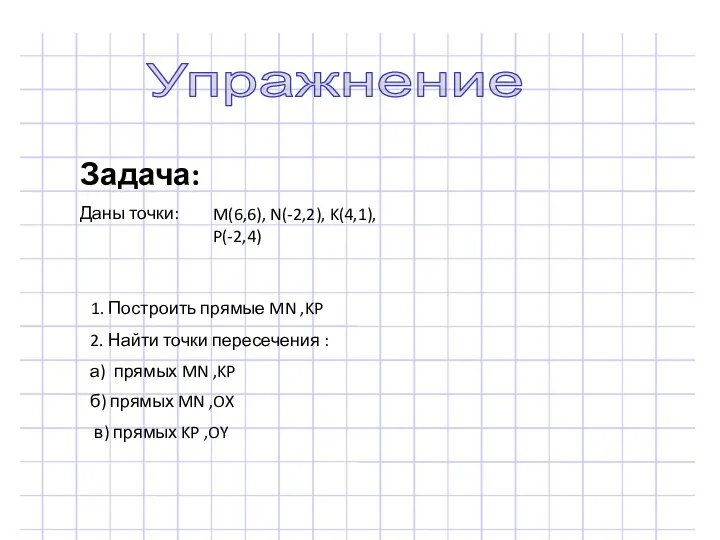 Задача: Даны точки: M(6,6), N(-2,2), K(4,1), P(-2,4) 1. Построить прямые MN