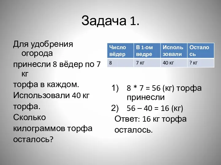 Задача 1. Для удобрения огорода принесли 8 вёдер по 7 кг