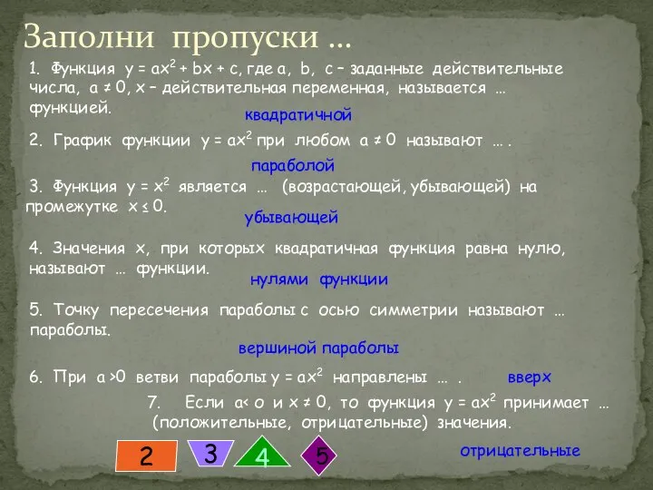 Заполни пропуски … 1. Функция у = aх2 + bx +