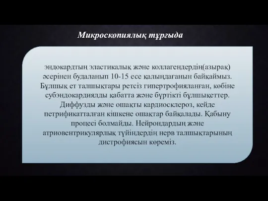 эндокардтың эластикалық және коллагендердің(азырақ) әсерінен будаланып 10-15 есе қалыңдағанын байқаймыз. Бұлшық