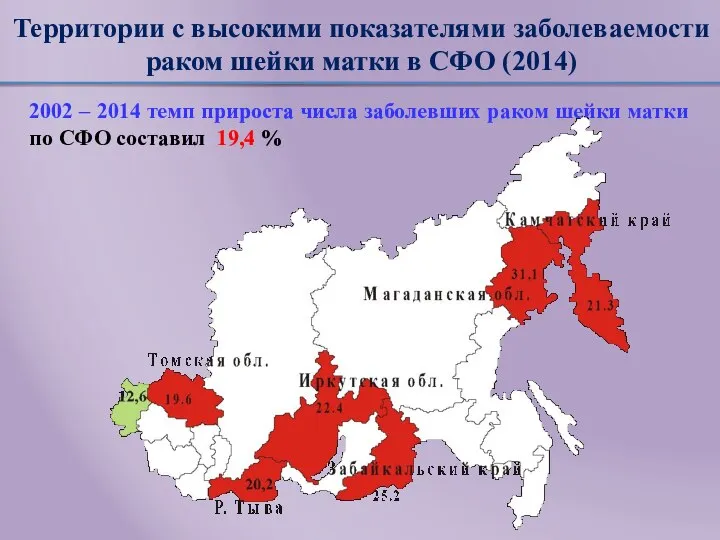 Территории с высокими показателями заболеваемости раком шейки матки в СФО (2014)