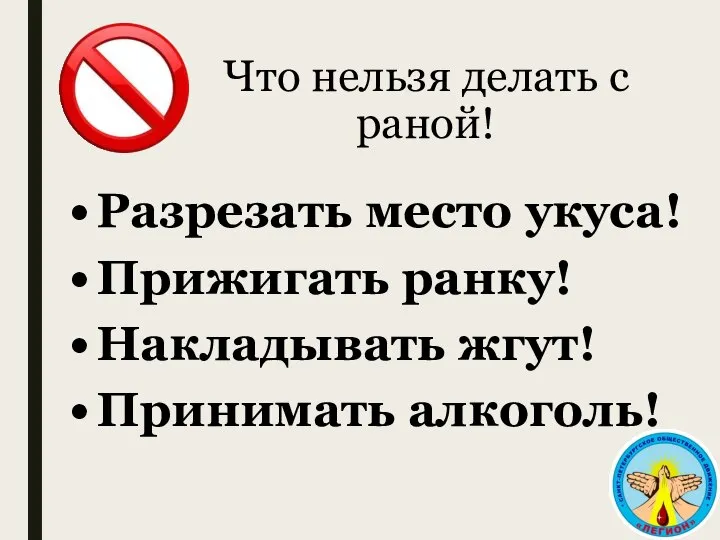 Что нельзя делать с раной! Разрезать место укуса! Прижигать ранку! Накладывать жгут! Принимать алкоголь!