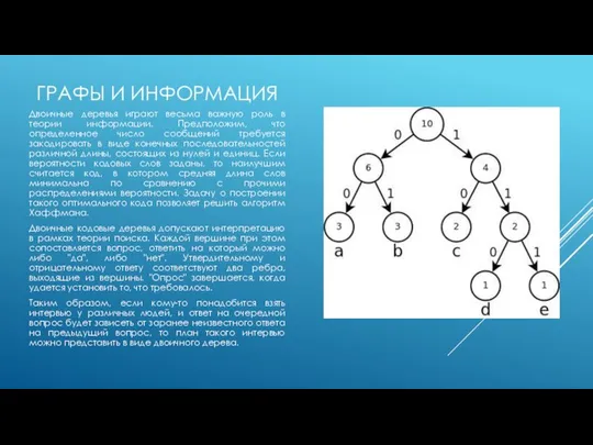 ГРАФЫ И ИНФОРМАЦИЯ Двоичные деревья играют весьма важную роль в теории