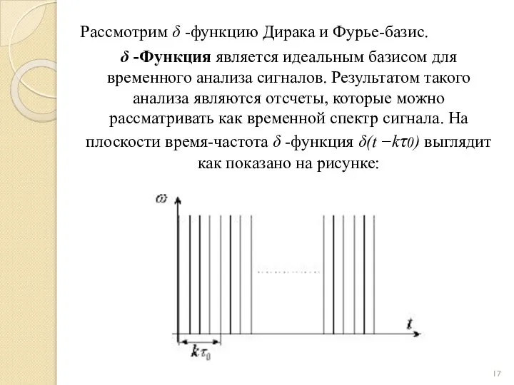 Рассмотрим δ -функцию Дирака и Фурье-базис. δ -Функция является идеальным базисом