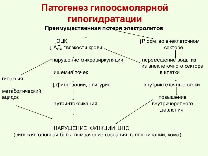 Патогенез гипоосмолярной гипогидратации Преимущественная потеря электролитов ↓ОЦК, ↓Р осм. во внеклеточном