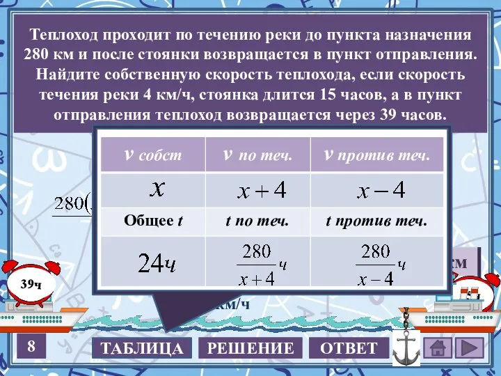 Теплоход проходит по течению реки до пункта назначения 280 км и